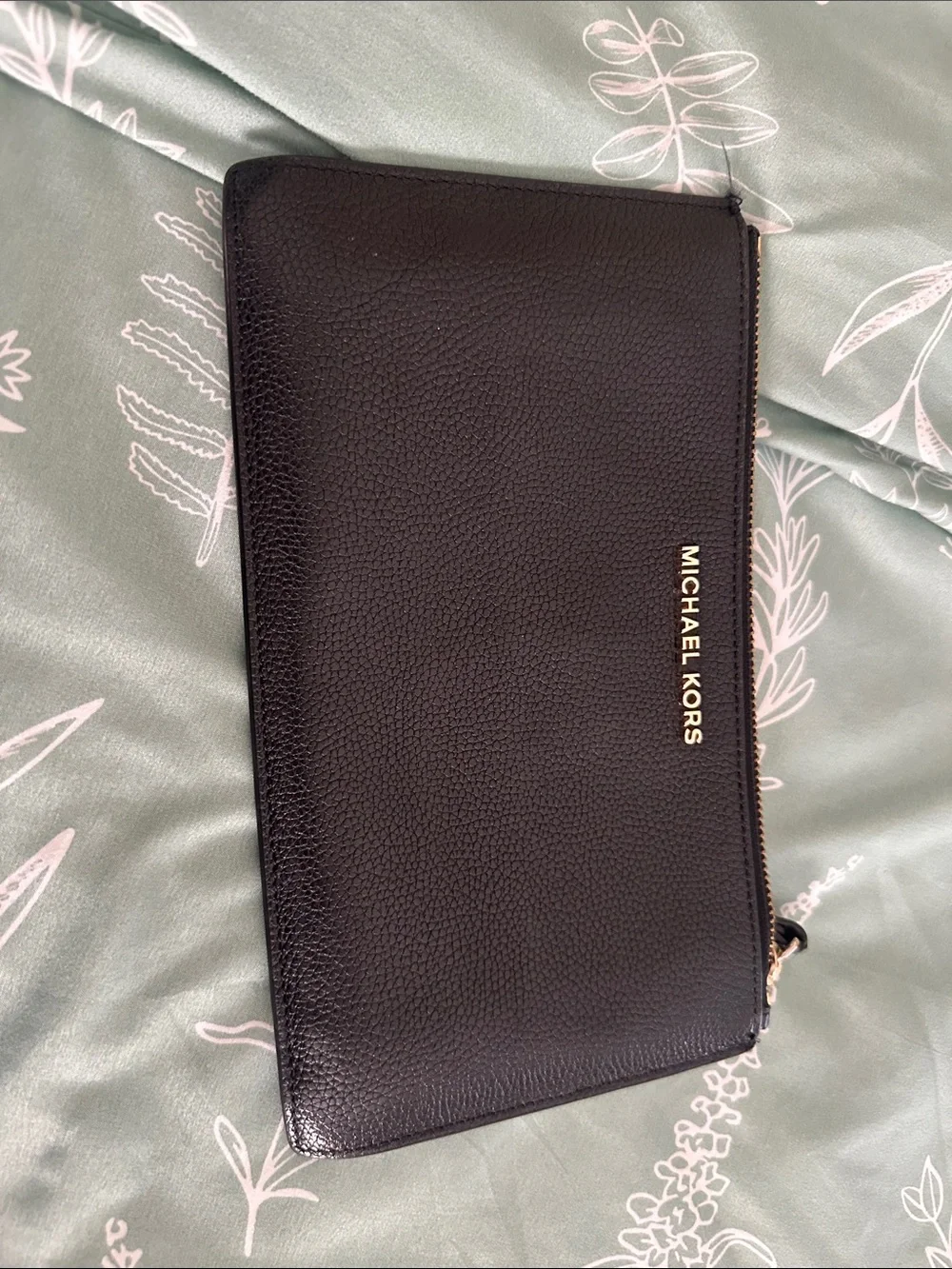 Michael Kors Black Pebbled Leather Zip Pouch with Gold Logo